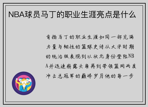 NBA球员马丁的职业生涯亮点是什么